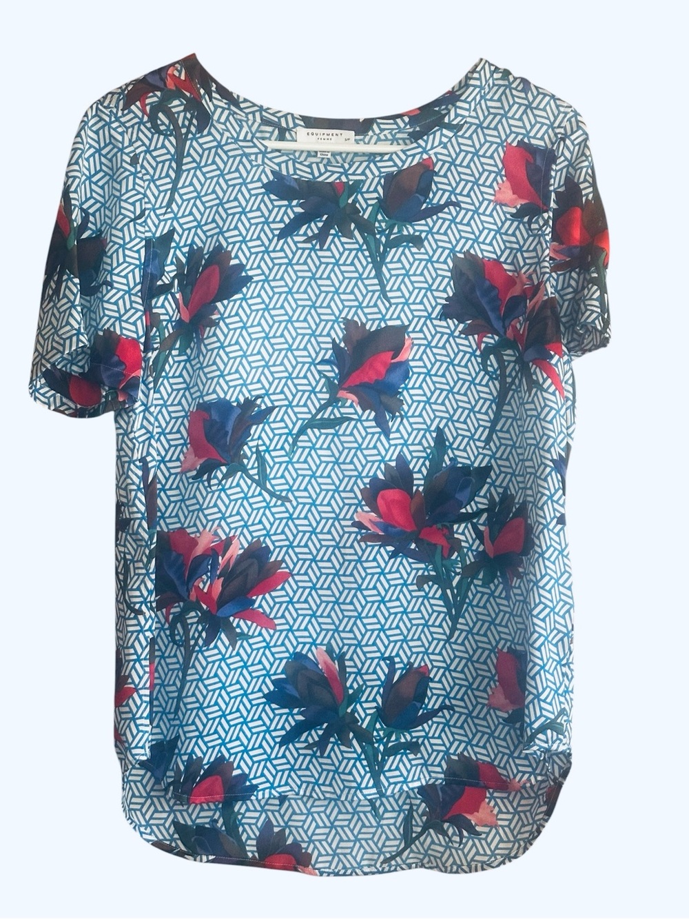 Equipment Femme Floral Geometric Blue and Red Short-Sleeve Silk Top Size Small 📦